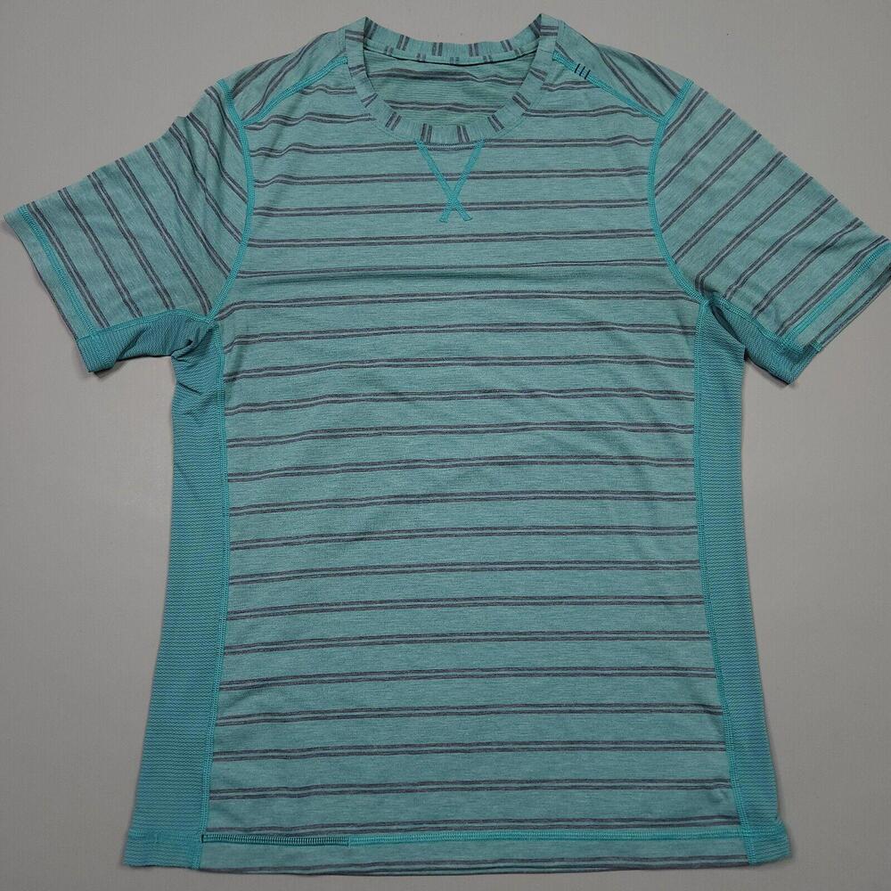 Lululemon T.H.E. Crew Green Blue Striped Athletic Side Vent T Shirt Medium